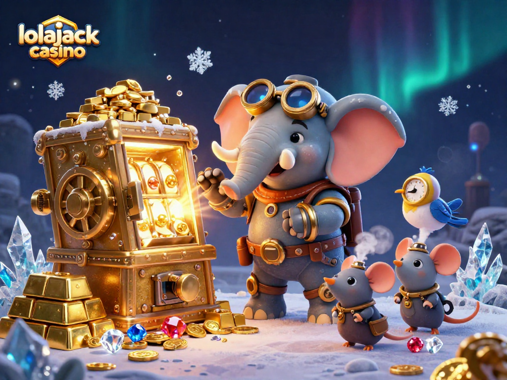 Experience thrilling wins at lolajack casino with a dynamic steampunk illustration of an elephant engineer operating a slot machine.