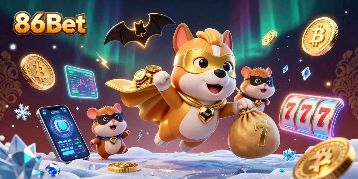 Engaging scene of 86Bet's superhero dog and sidekick amidst dynamic casino elements and crypto symbols.