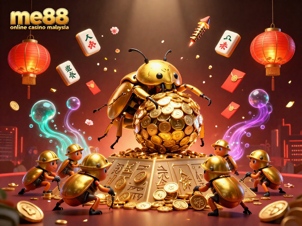 Experience excitement at me88 online casino malaysia with golden beetles, gaming symbols, and vibrant animations.