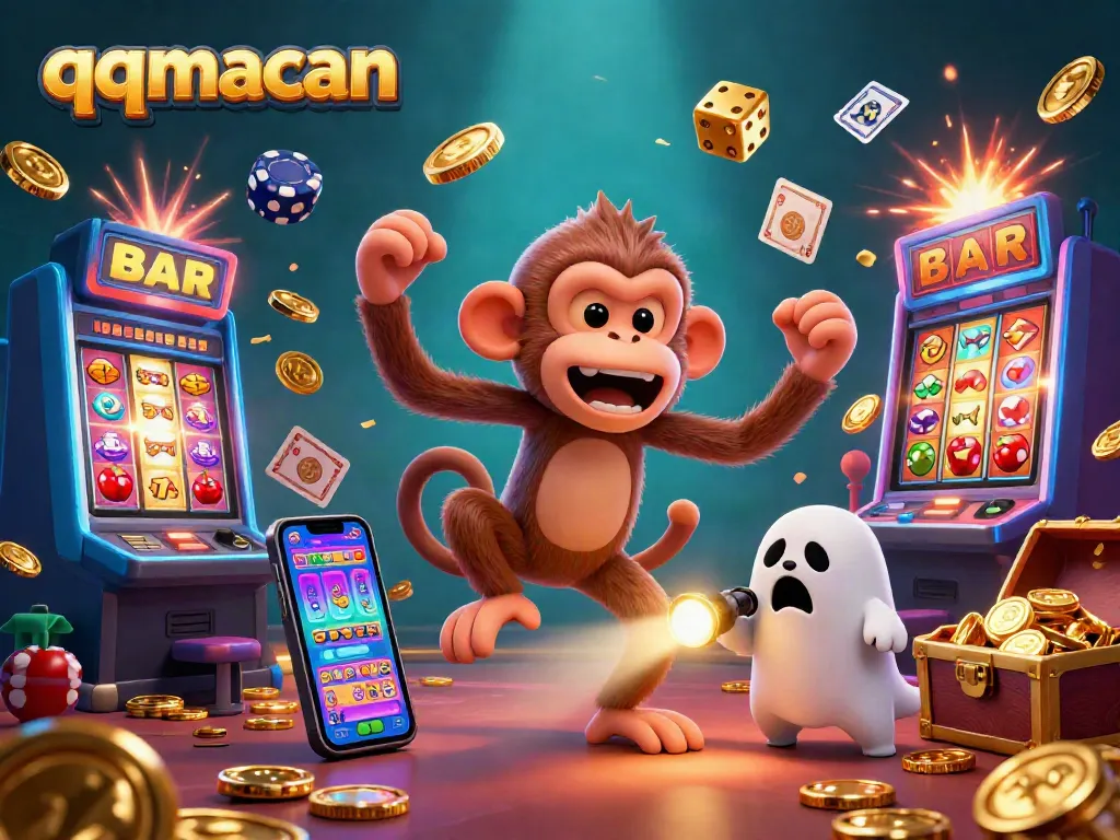 Engage with the vibrant qqmacan casino scene showcasing a playful monkey juggling golden items and a curious puppy.