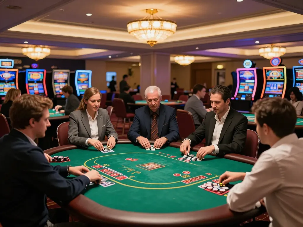 Players enjoying poker action at ok365's upscale casino, showcasing excitement and strategy.