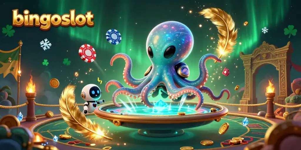 Permainan bingoslot menyenangkan dengan alien dan robot di meja poker holografis.
