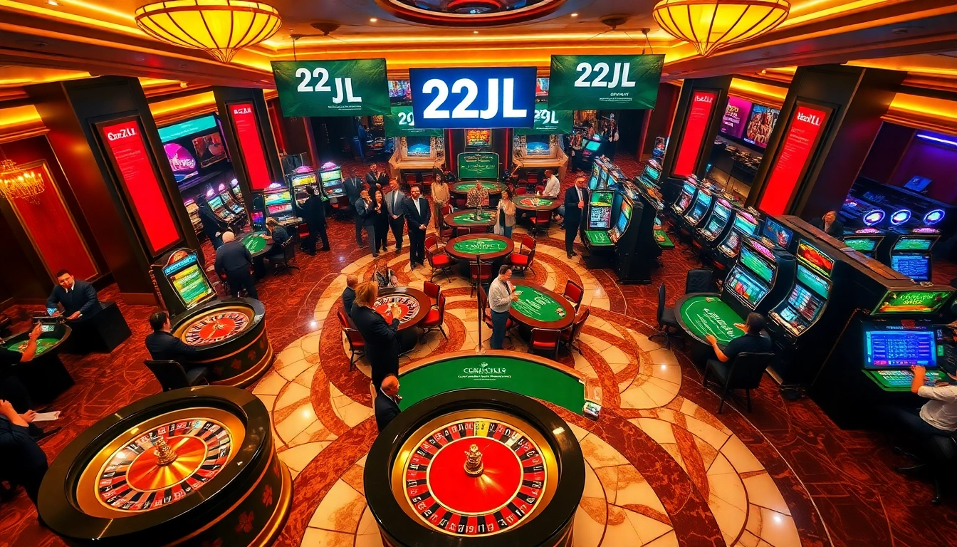 Exciting casino gaming action featuring roulette, poker, and slot machines at 22JL.