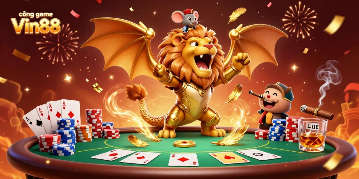 Bet big with cổng game Vin88, showcasing a thrilling poker scene filled with vibrant colors and celebration.