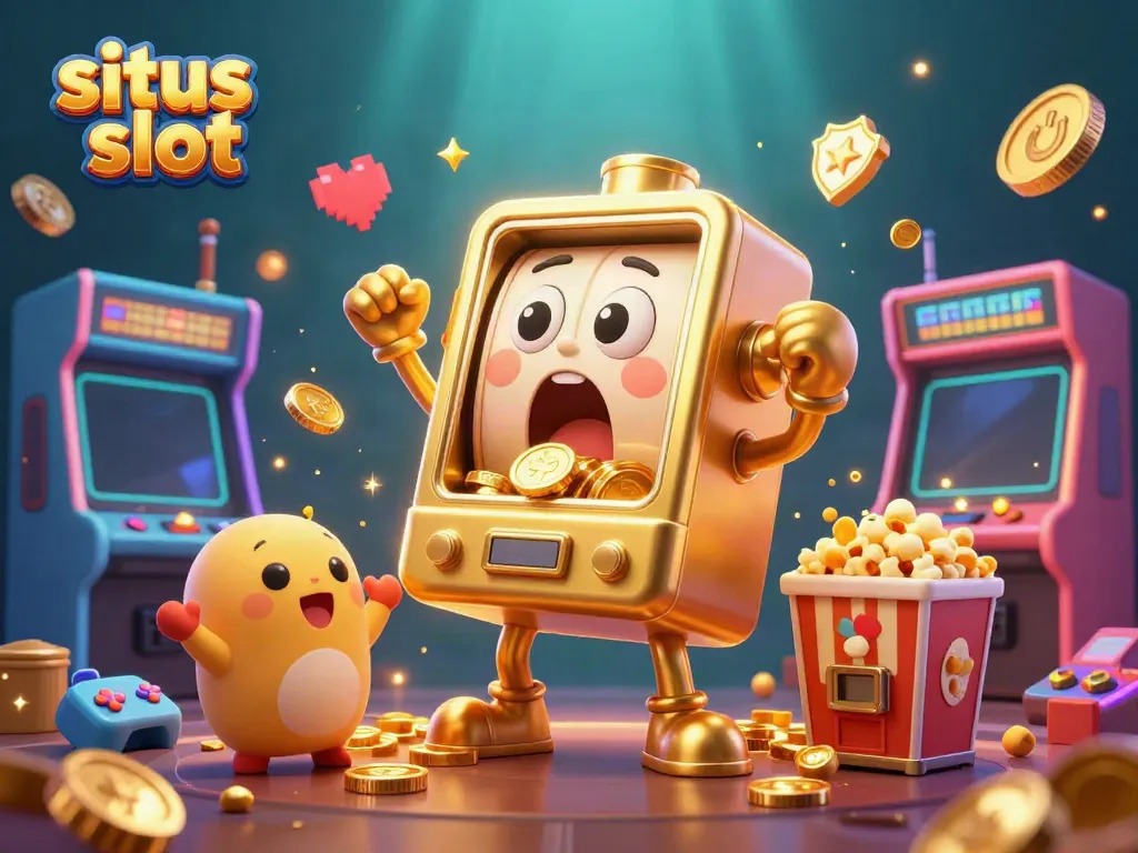 Jackpot celebration at situs slot with a golden machine and cheering slot friends