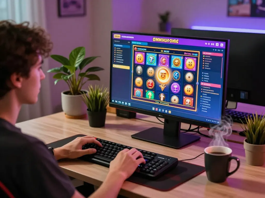 Playing slot online at home with a vibrant gaming setup and colorful game interface