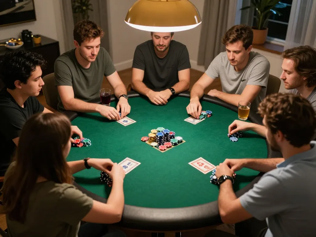 Malam permainan poker yang menyenangkan di antara teman-teman di rumah menampilkan strategi permainan Ulat123.