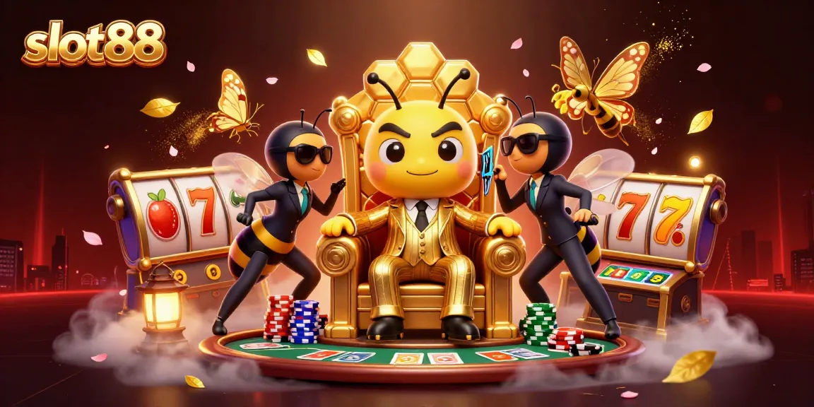 Menang besar di slot88 dengan bos lebah dan informan cantik dalam ilustrasi kasino yang menarik.