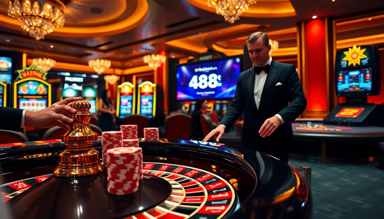 Experimenta la emoción de 488bet en un lujoso entorno de casino con ruleta, póker y coloridas máquinas tragamonedas.