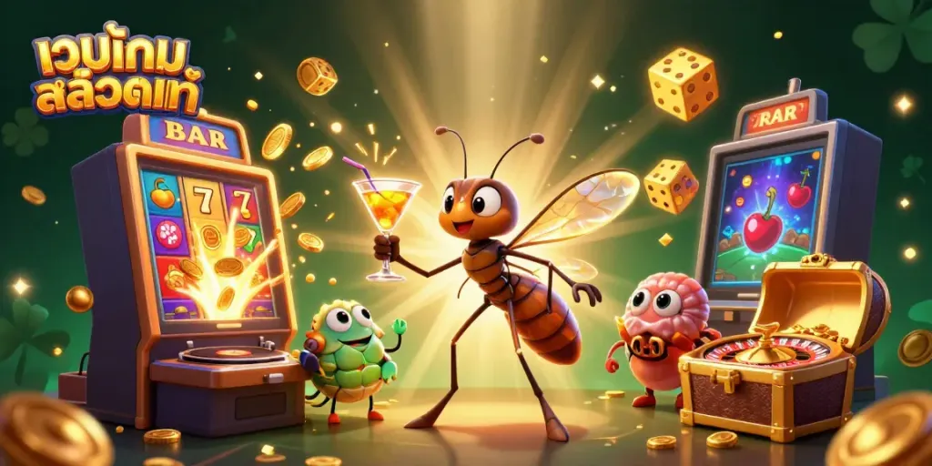 Experience เว็บเกมสล็อตแท้ with an exciting scene of casino characters and game elements igniting fun.