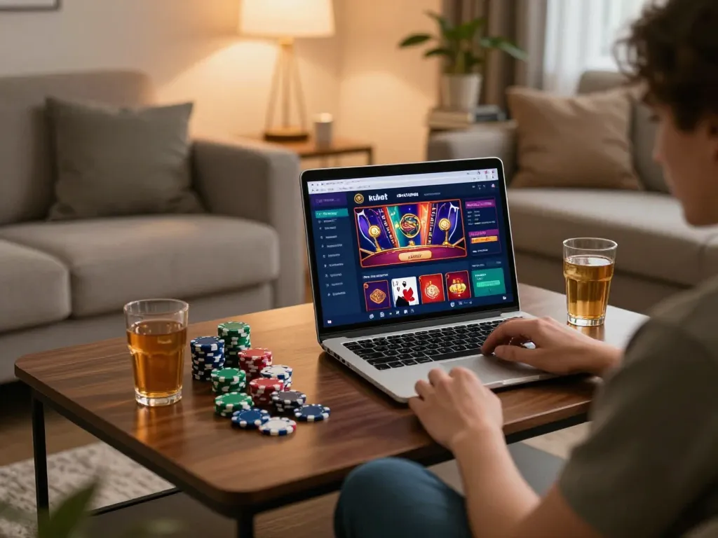 Kubet gaming on a laptop in a cozy home setup with poker chips and vibrant casino graphics.