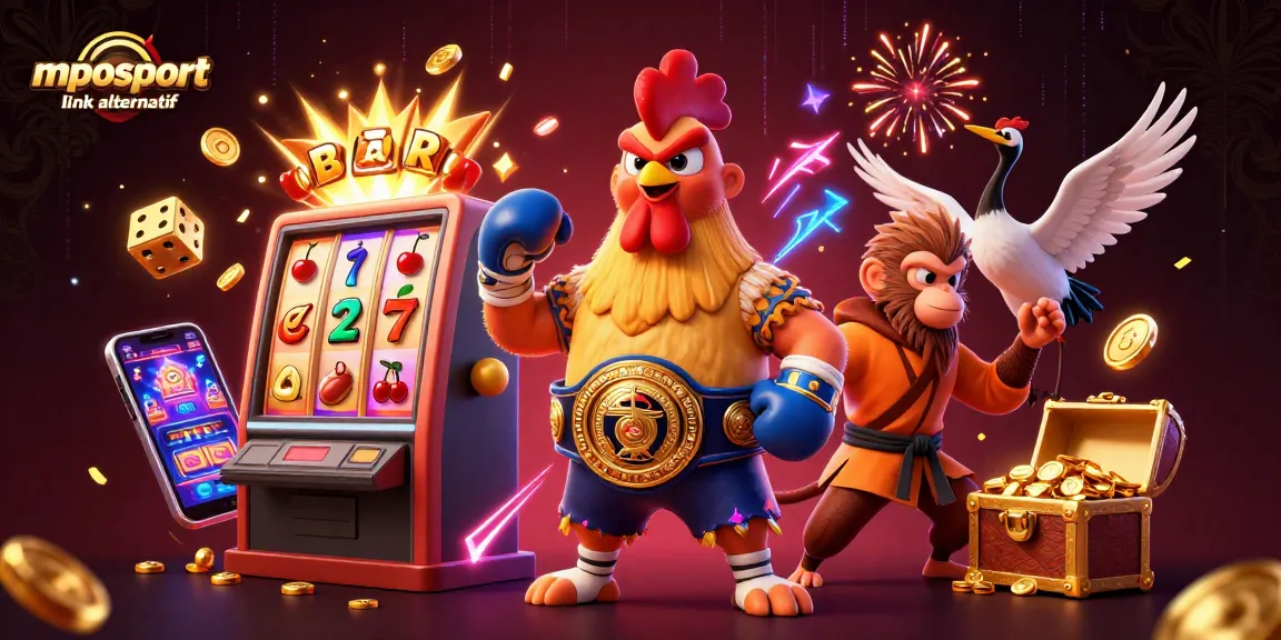 Join the action at mposport link alternatif with vibrant characters and exciting game symbols filling the scene.