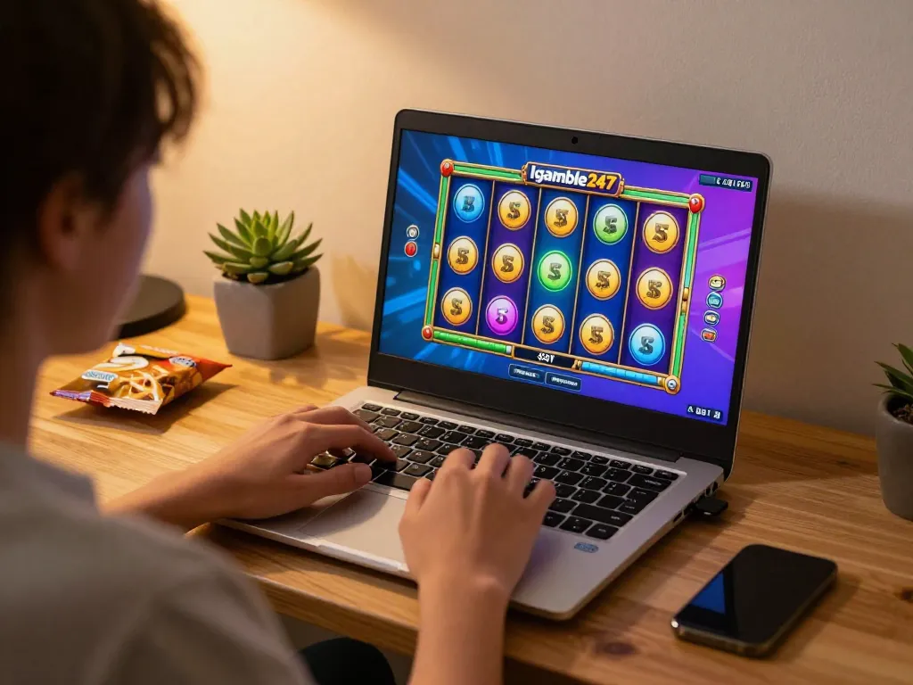 Engaging gameplay on Igamble247 Slot displayed on a laptop screen in a cozy online gaming setup