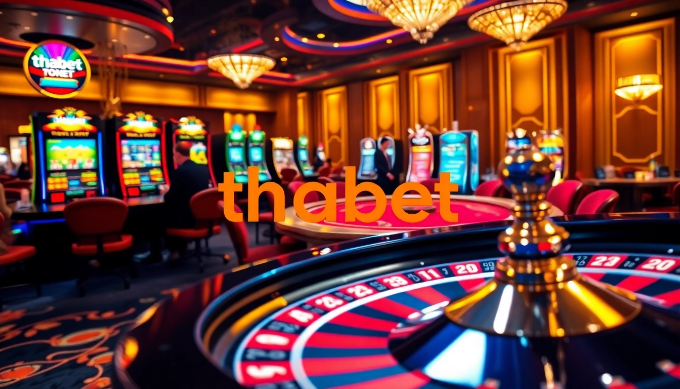 Experience the thrill of thabet at a luxurious casino with poker tables, roulette wheels, and vibrant slot machines.