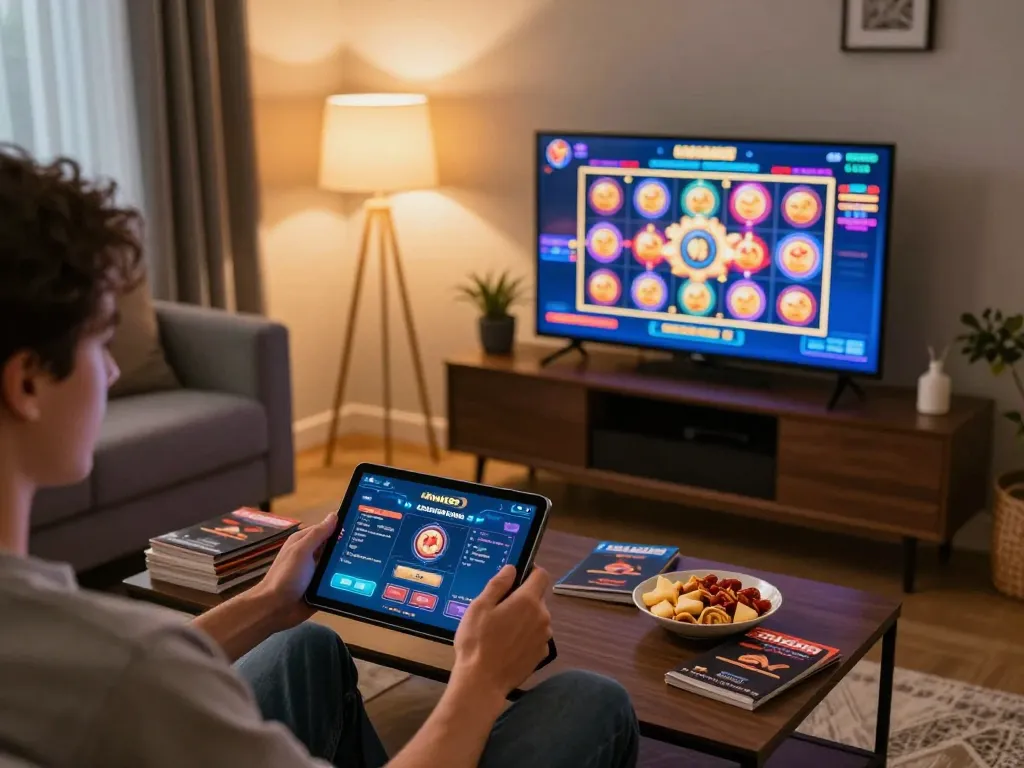 Engaging player using nk88 app on tablet in a cozy home setup, highlighting online gaming excitement.