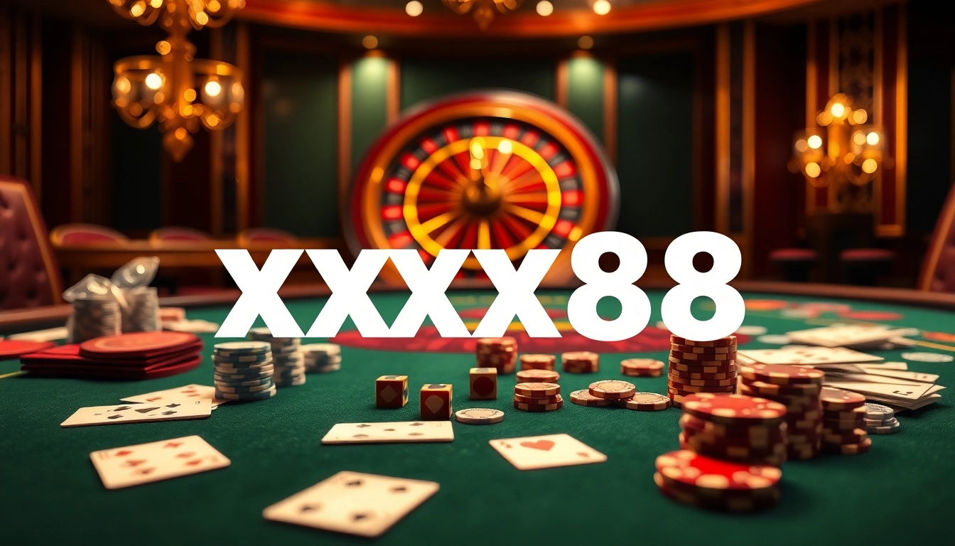 Experience high-stakes gaming at xx88 with a luxurious poker table setup showcasing cards and chips.