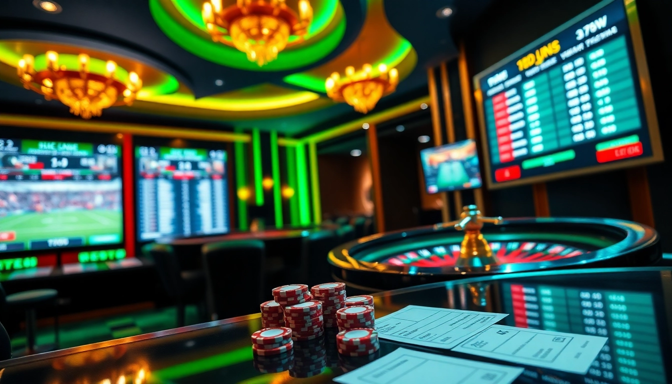 Engaging scene of Đọc Kèo Bóng Đá while analyzing betting odds in a vibrant casino setting.
