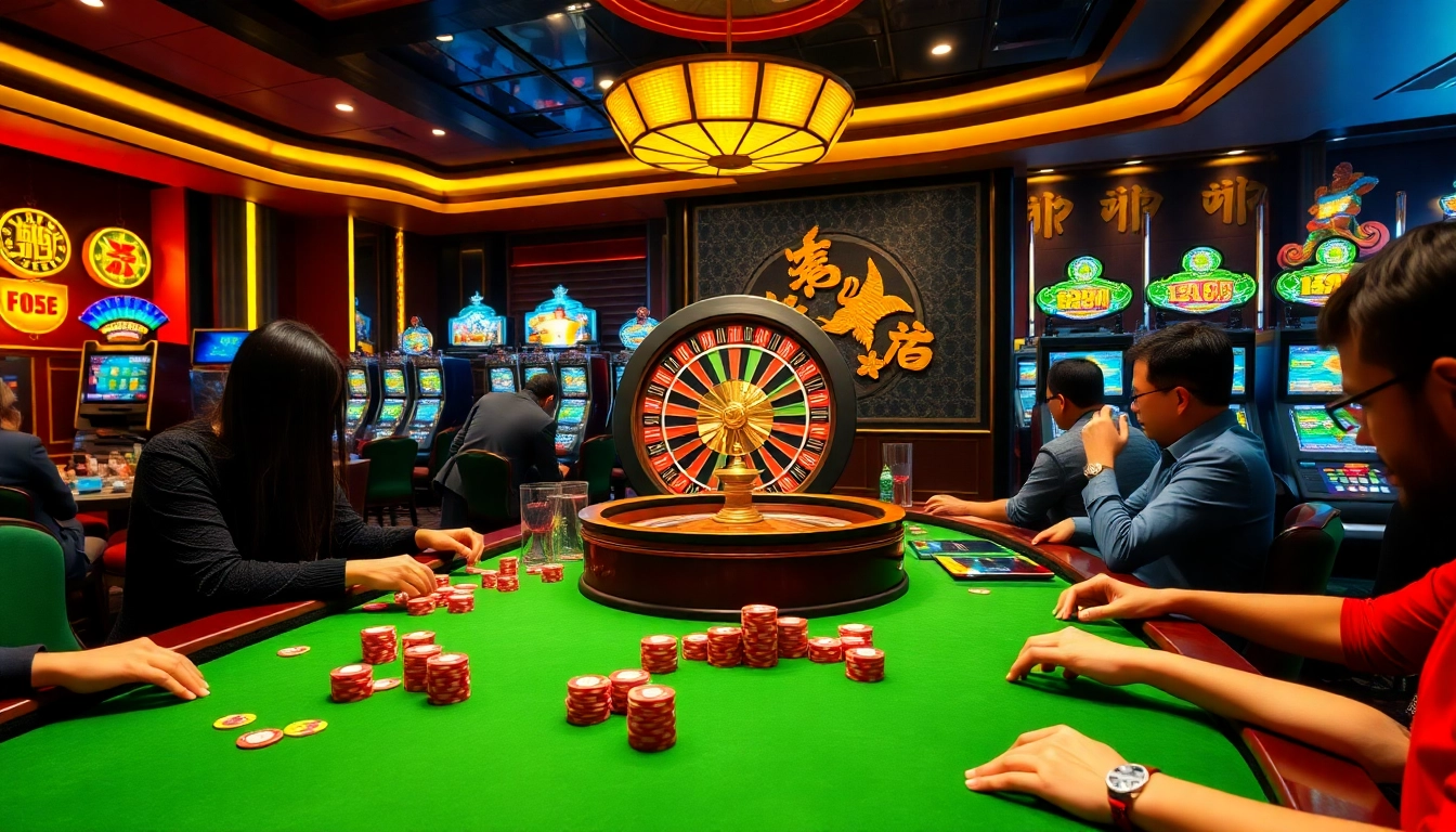 Experience luck 8 in a luxurious casino with vibrant gaming tables and energetic players.