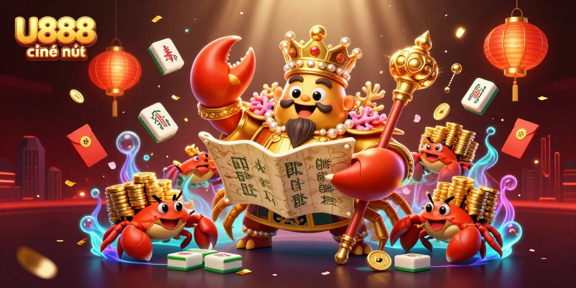 Win big at U888 chính thức with a vibrant 3D illustration of a golden crab emperor amidst a lively casino scene.