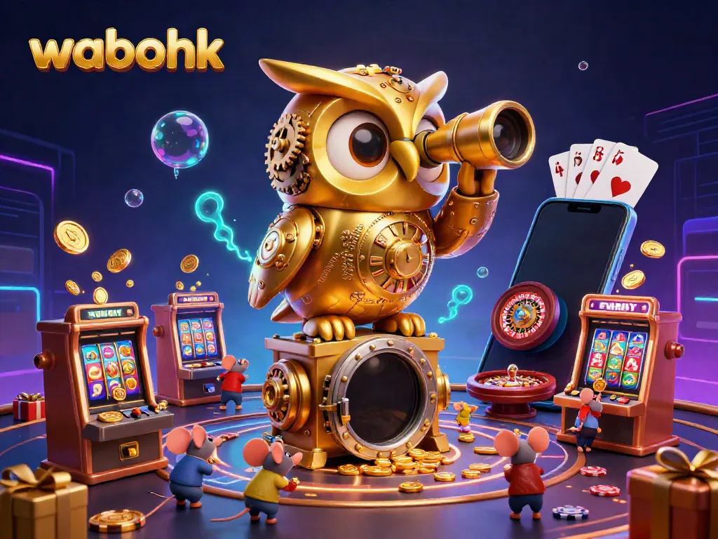 Engage in arcade excitement with wabohk's festive casino scene featuring a glowing owl overseeing dynamic games.