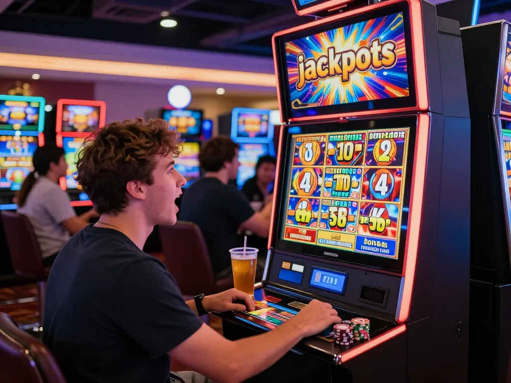 Gambling enthusiast playing at a slot machine, showcasing the link gacor excitement and vibrant casino atmosphere.
