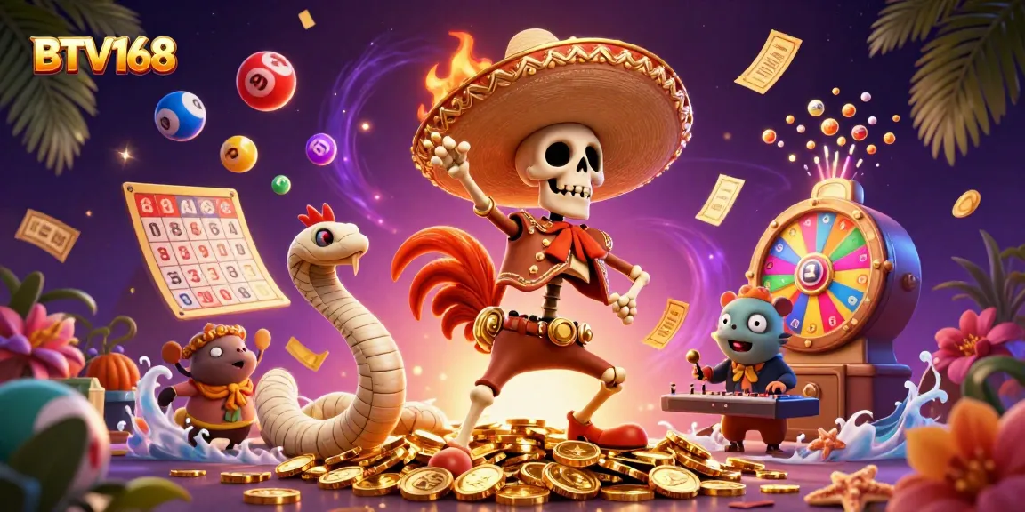 Join the excitement of BTV168 with a vibrant scene of a dancing rooster and a DJ hamster amidst dynamic lottery elements.