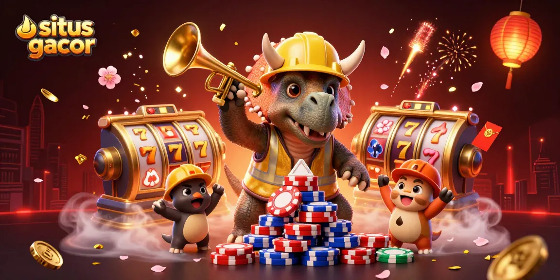 Menggandakan keberuntungan di situs slot gacor dengan ilustrasi triceratops membangun piramida chip poker.