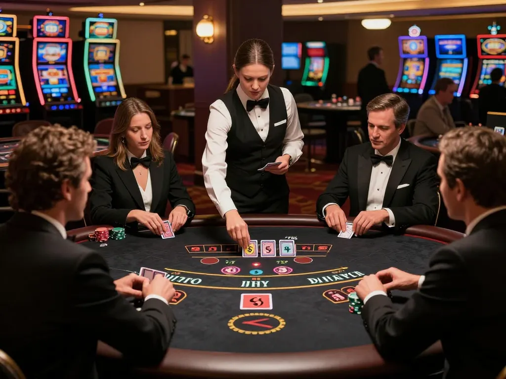 kk55 players strategizing at an upscale blackjack table in a luxury casino