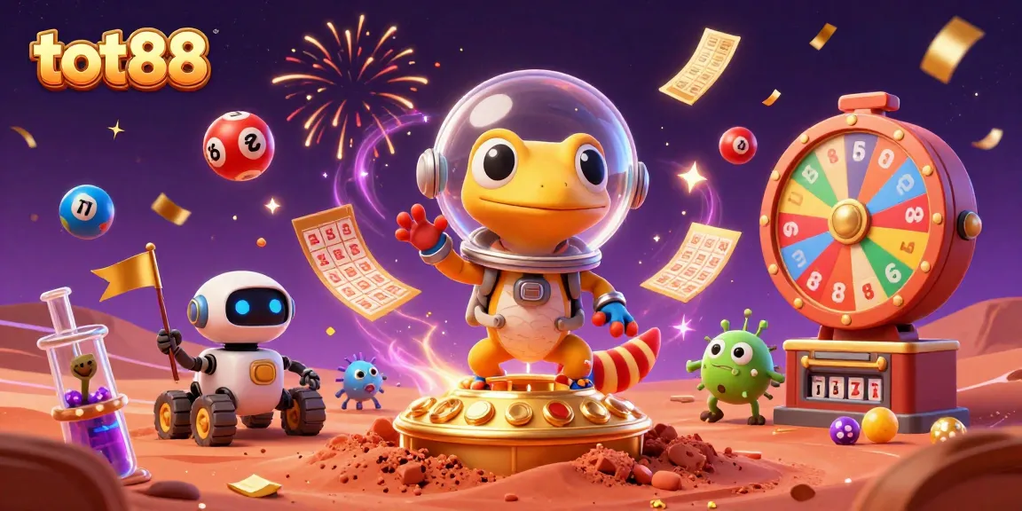 tot88 Martian gecko and robot rover celebrating in a vibrant casino scene