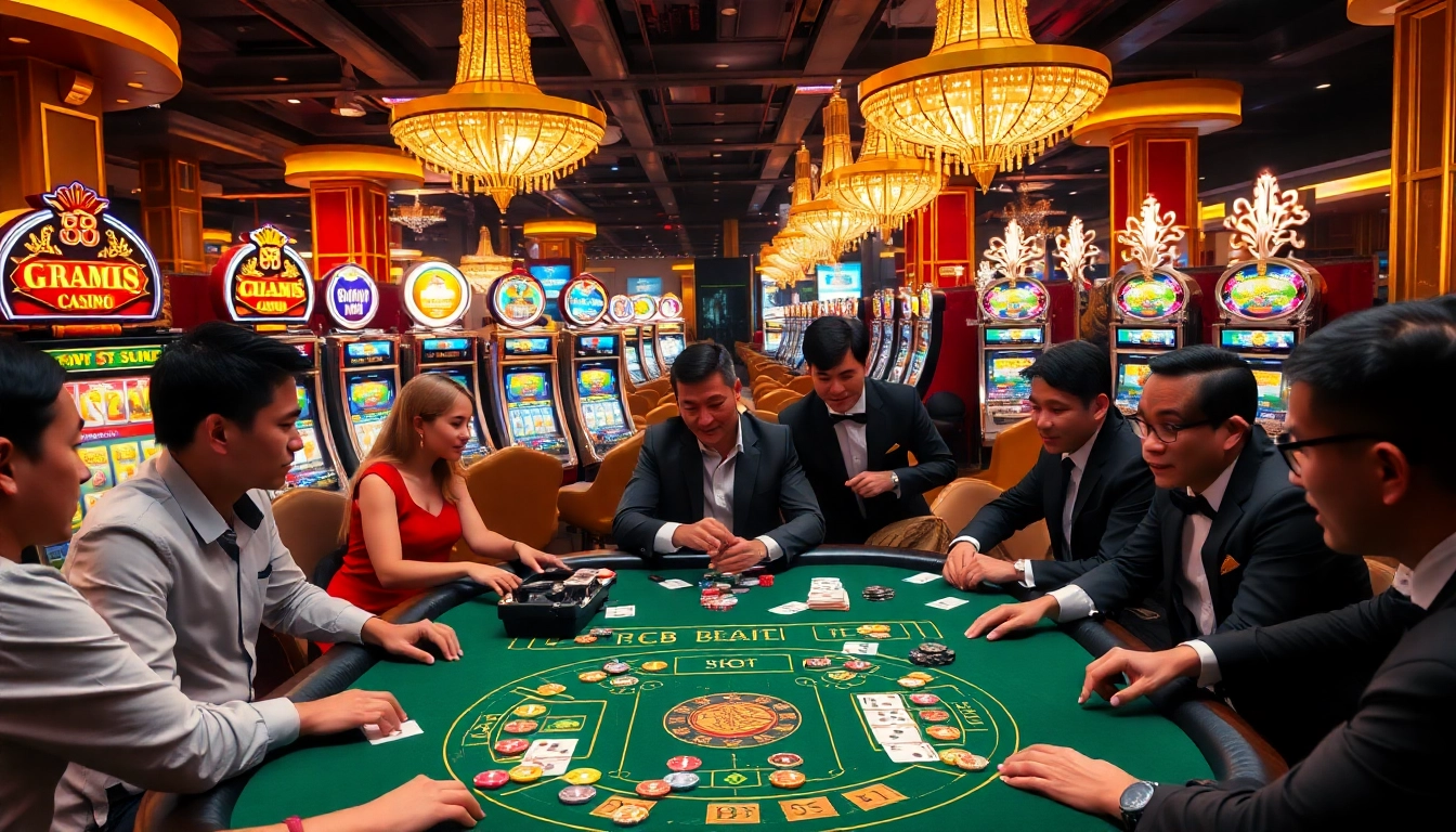 Players engaging in exciting gameplay at bk8 สล็อต casino table, showcasing vibrant colors and luxury.