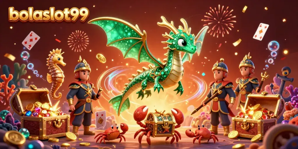 Experience the excitement of bolaslot99 with a vibrant sea dragon and treasure-filled scene.