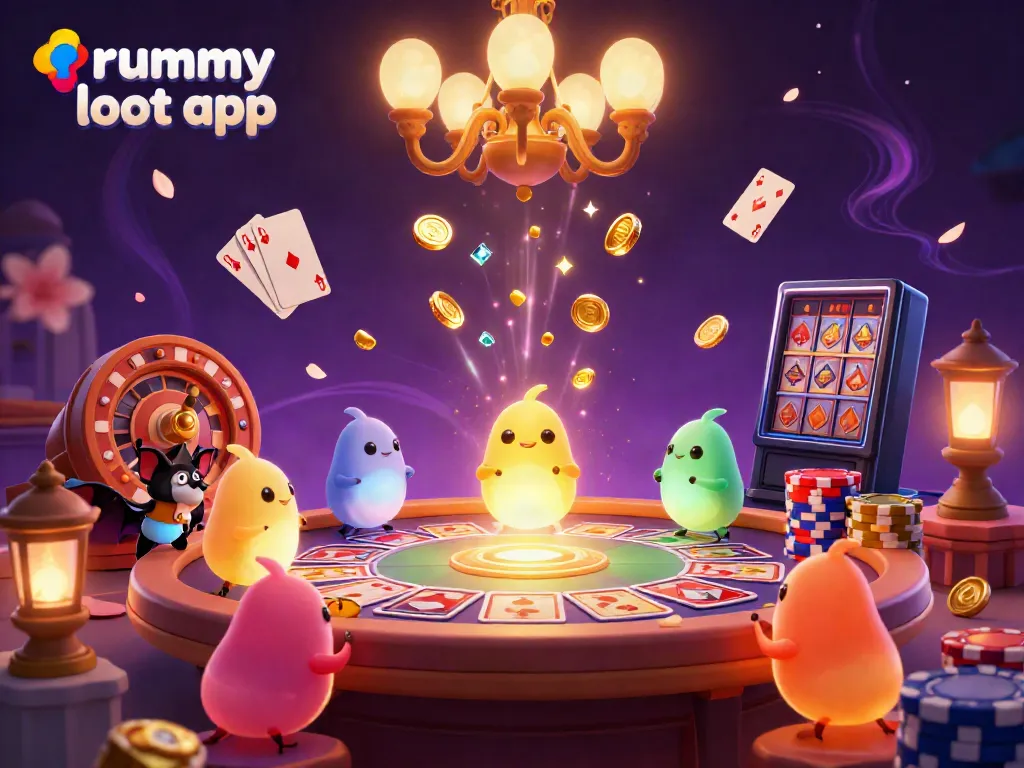 Engage in vibrant gameplay with the rummy loot app, featuring glowworms lighting a card table and flying gems.