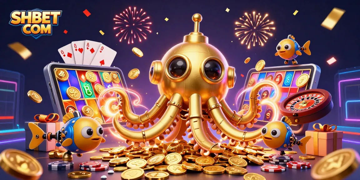 Spin the reels in a vibrant SHBET COM casino scene featuring a golden kraken and mechanical fish.
