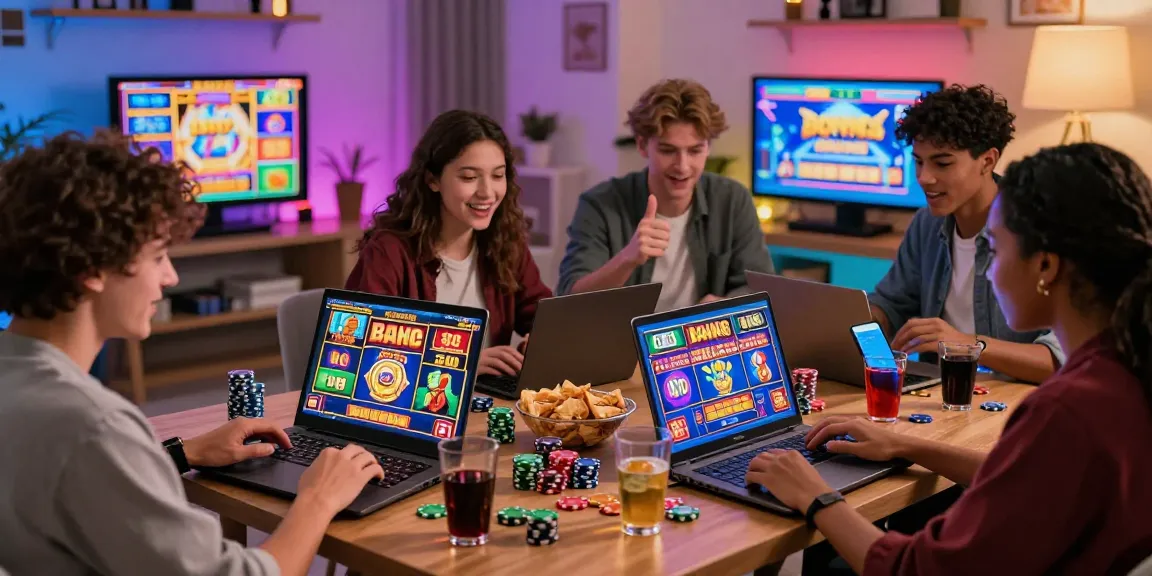 Friends enjoying bonus buy slots in a lively online casino environment with colorful screens and snacks.