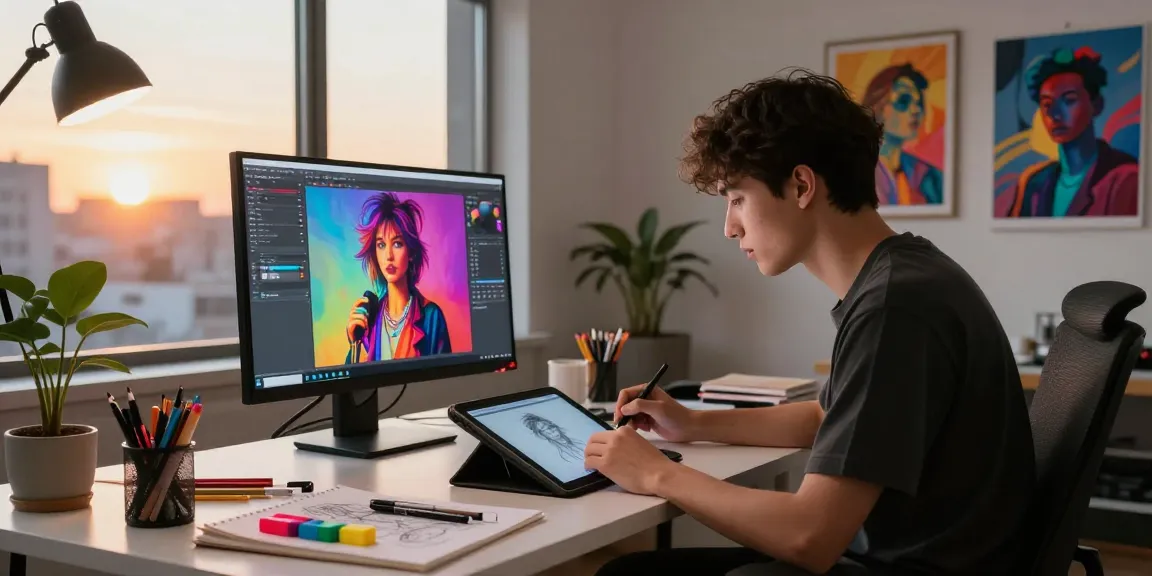 Artist creating NSFW AI art in a modern digital studio with vibrant colors and cityscape view.