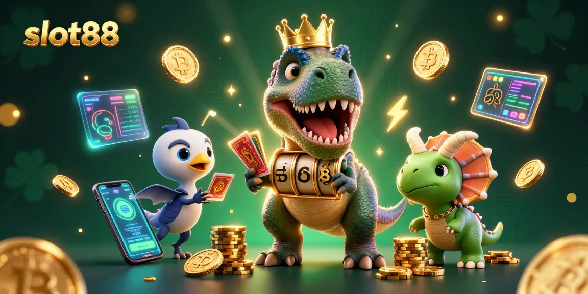Permainan slot88 dengan T-Rex ramah, pterodactyl, dan triceratops menumpuk chip emas.
