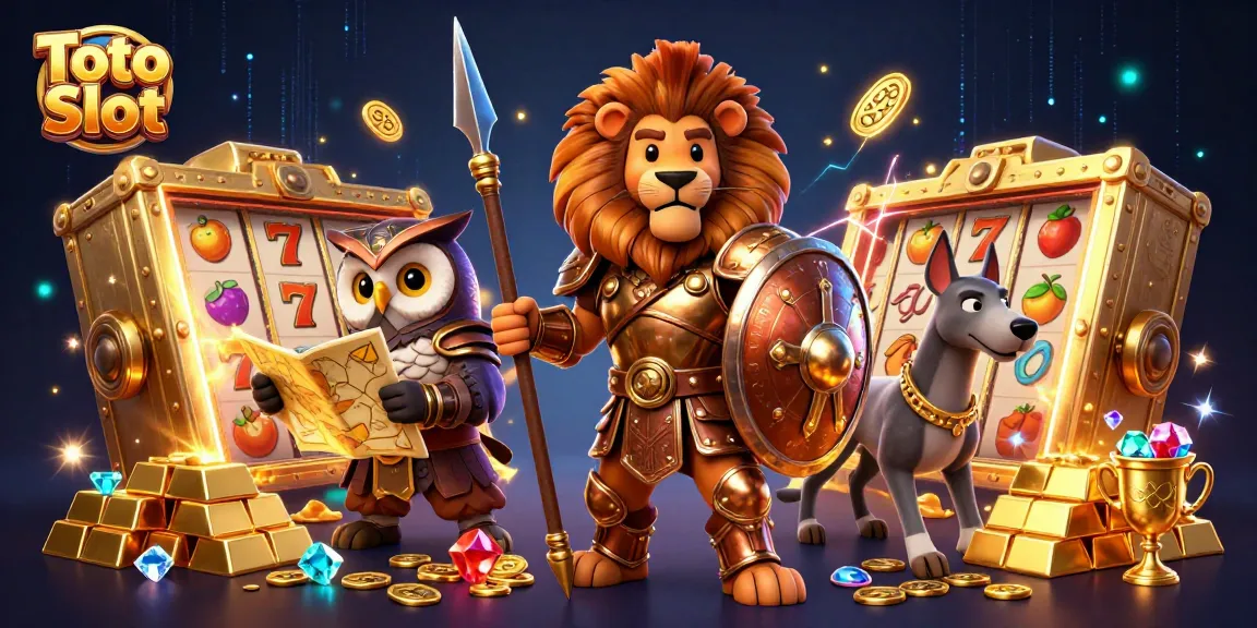 Spin with excitement on the Toto Slot with a 3D cartoon Spartan lion and treasure elements.