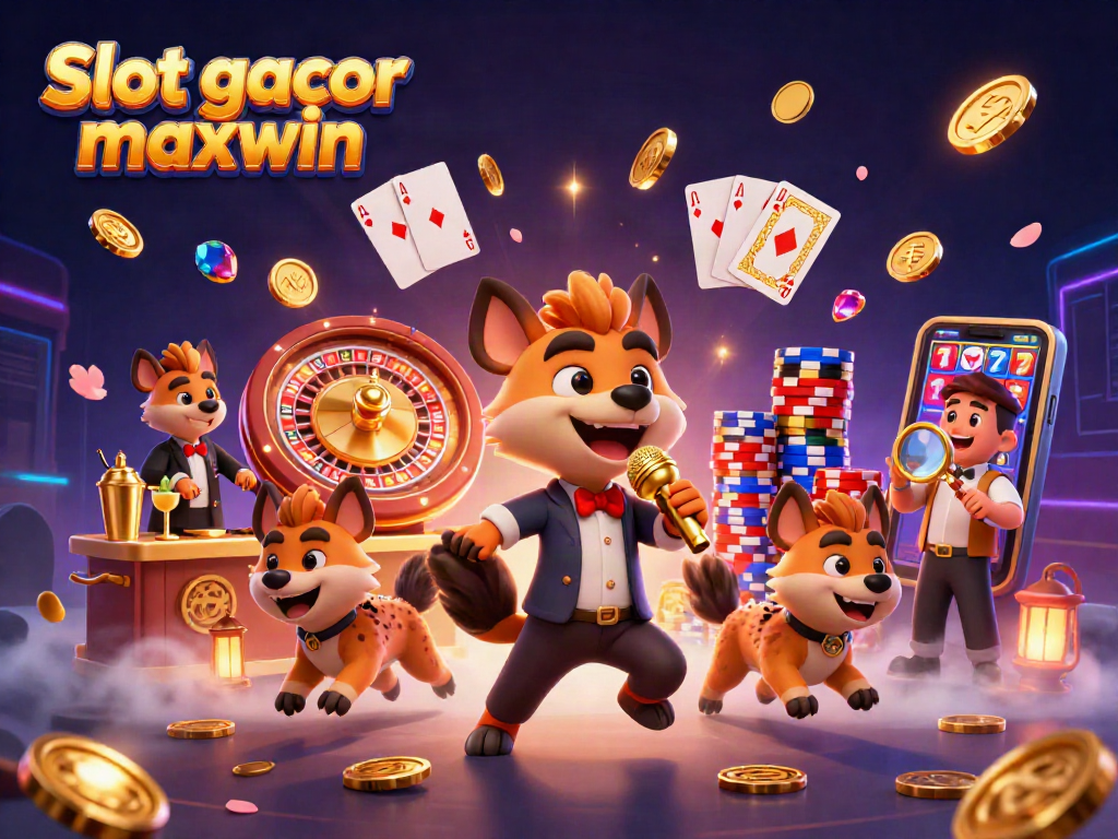 Engaging scene featuring Slot gacor maxwin with animated hyenas at a vibrant casino, showcasing thrilling gaming elements.
