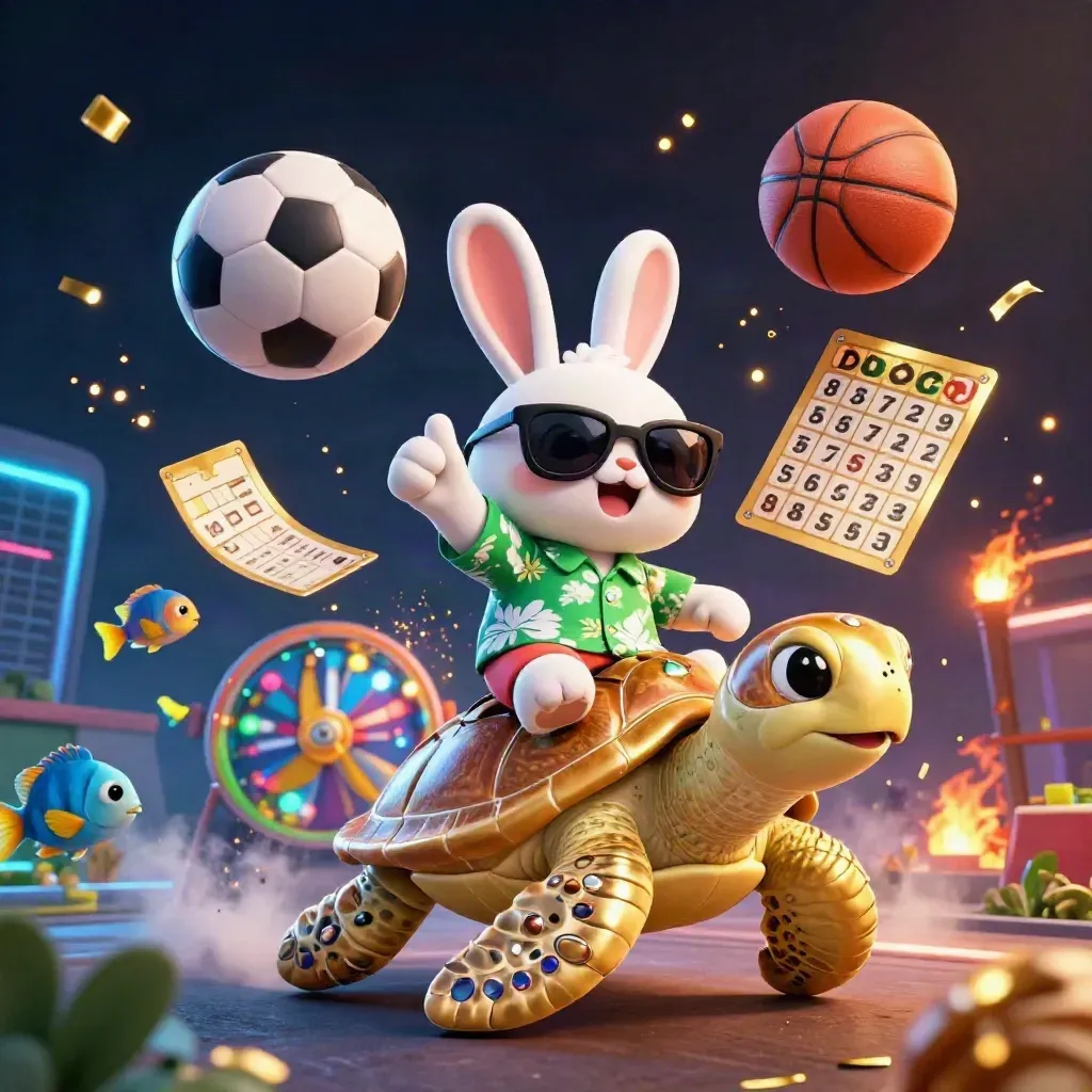 Lucky rabbit on golden sea turtle with casino balls and neon lights, low-angle splash-screen art.