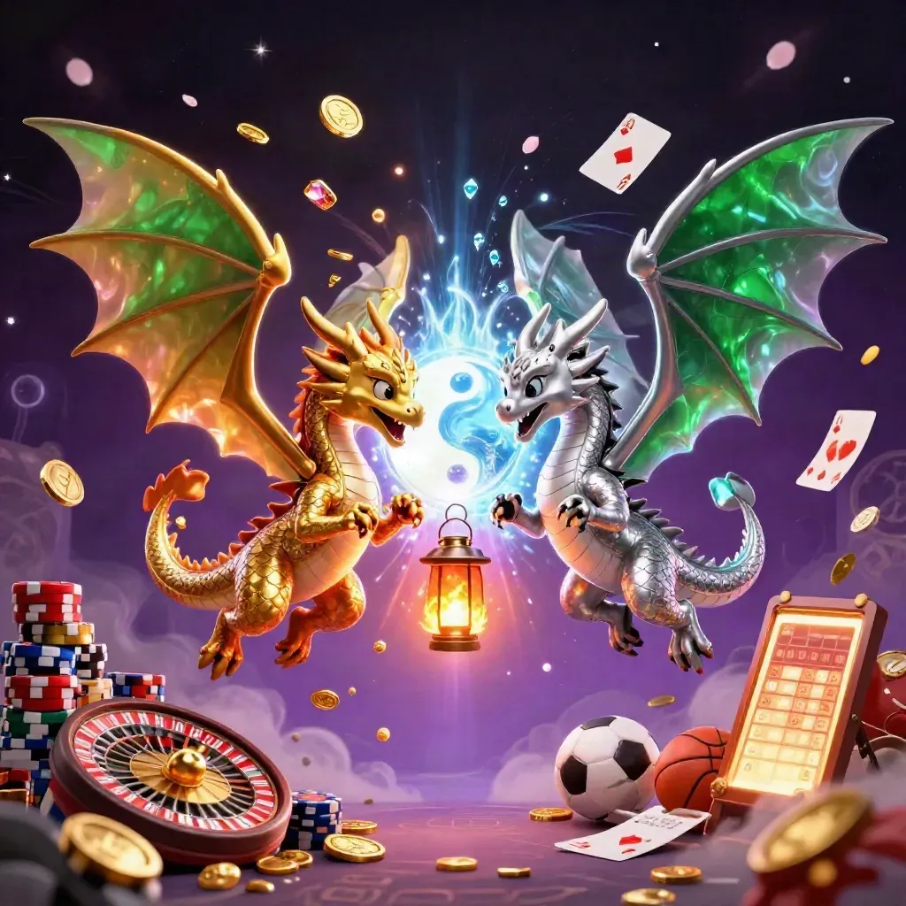Gold and silver dragons clash fire and ice above roulette chaos, coins, chips, cards, and neon magic.