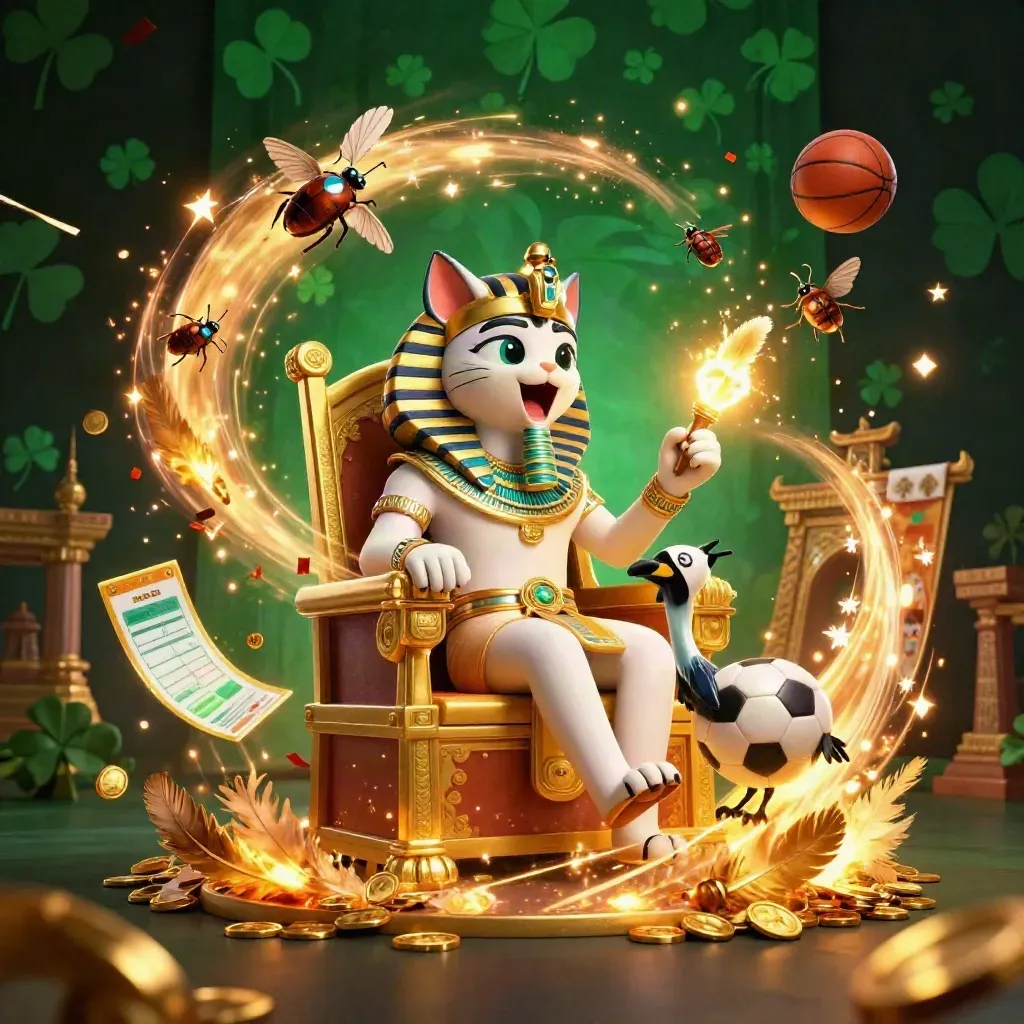 Pharaoh cat, ibis scribe, and gem-wing scarabs in a luxe casino fantasy scene.