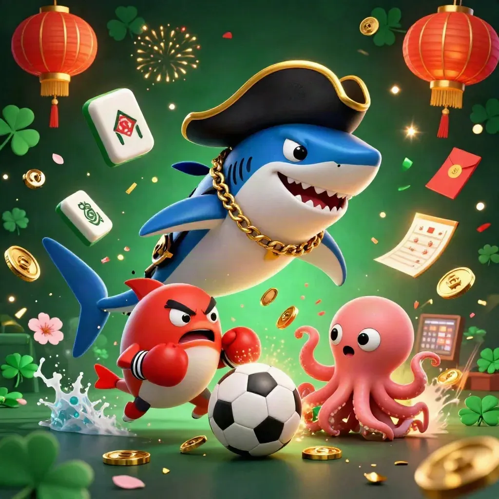 Pirate shark, pufferfish, and octopus amid casino-sports chaos with balls, coins, and fireworks.