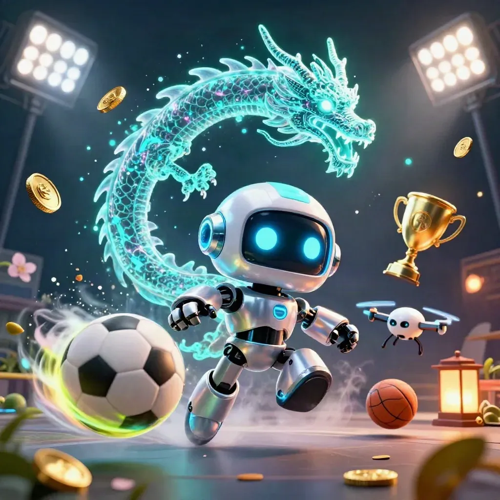 Cyberpunk robot, AI dragon and coin drone amid flying balls, coins, lights and neon fog.