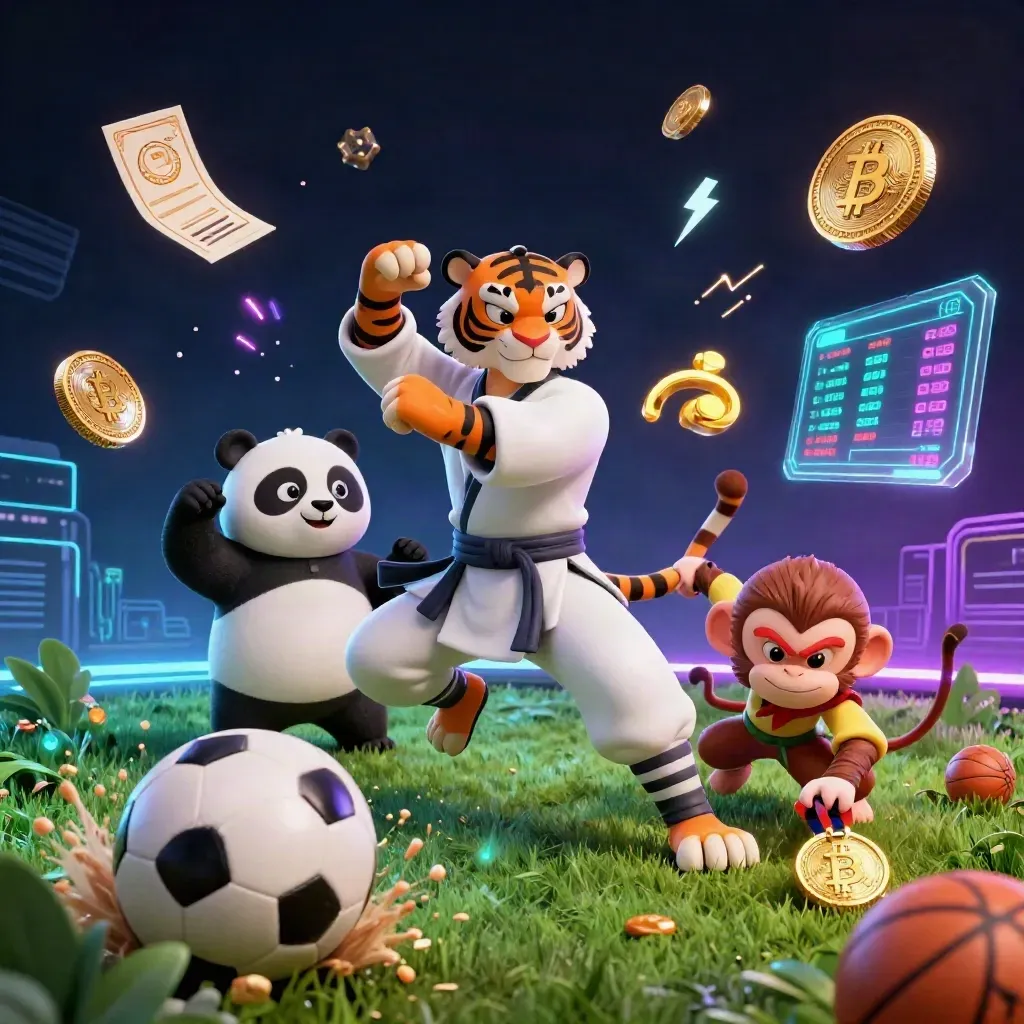 Kung-fu tiger, panda, and monkey amid casino sports icons, neon coins, and a glowing ball burst.