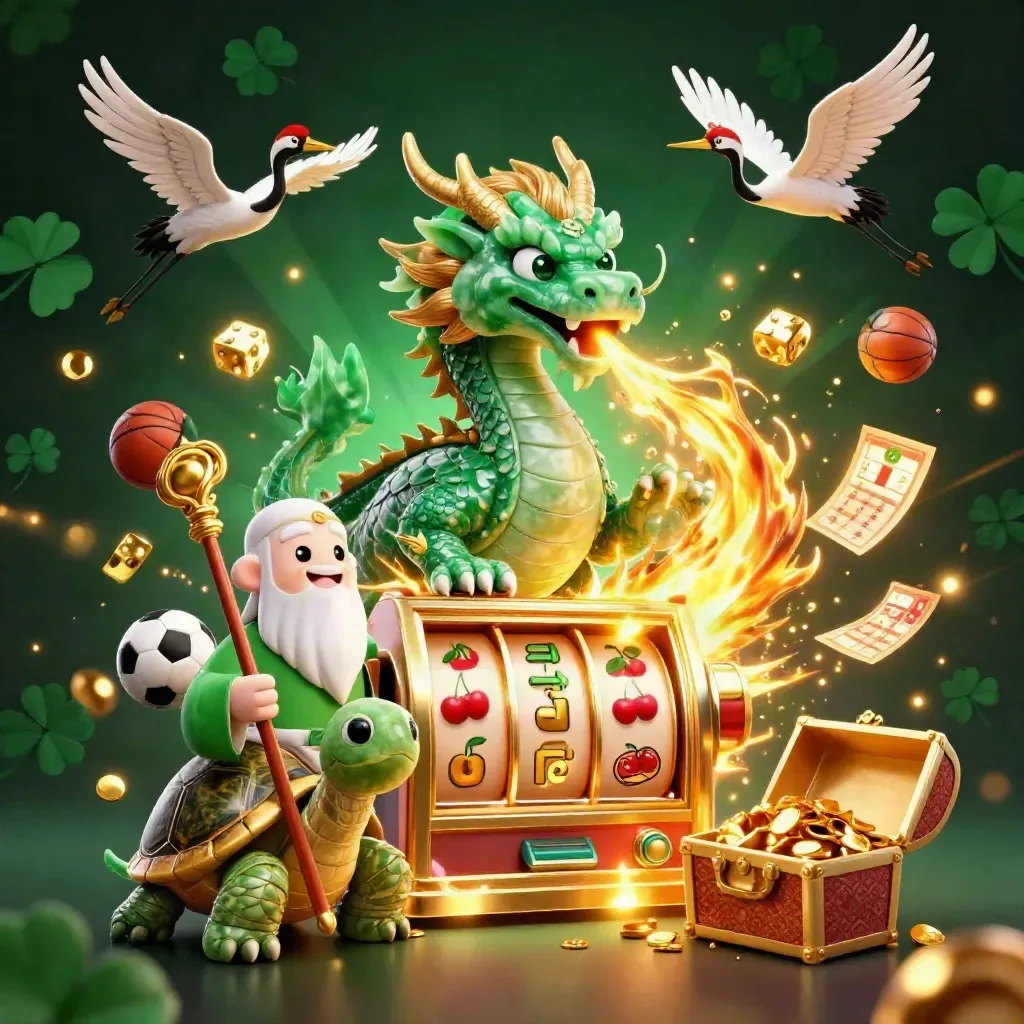 Emerald dragon, sage turtle, cranes, slot burst, gold dice, chest, sports balls, luxe casino glow