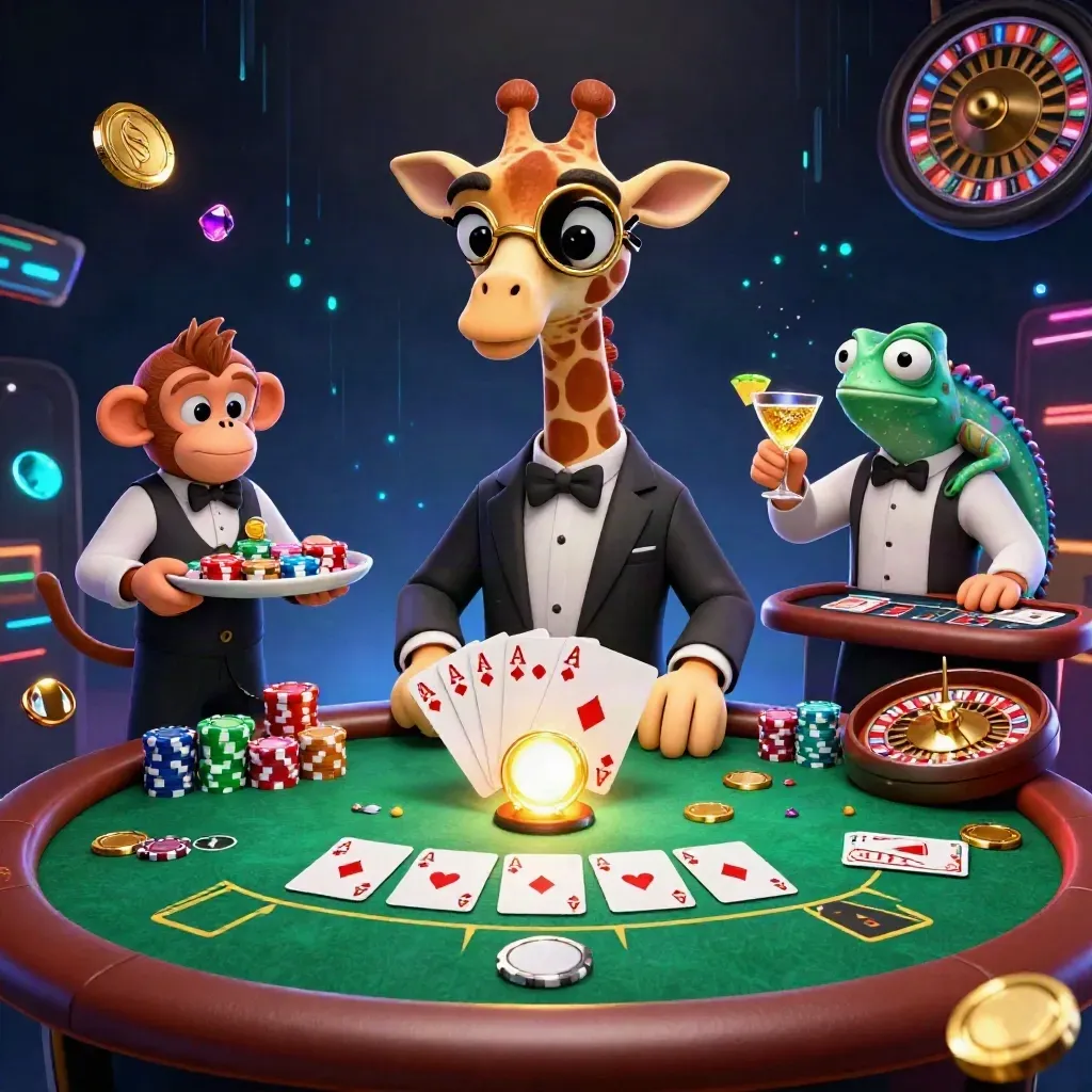 Casino hero trio around poker, roulette, and blackjack in a luxe neon room.