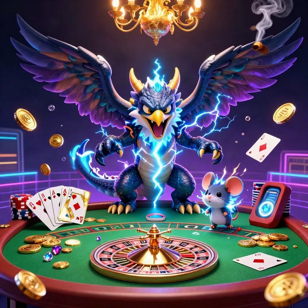 Thunder dragon, wind hawk, and crackling mouse amid luxe casino light and flying gold.