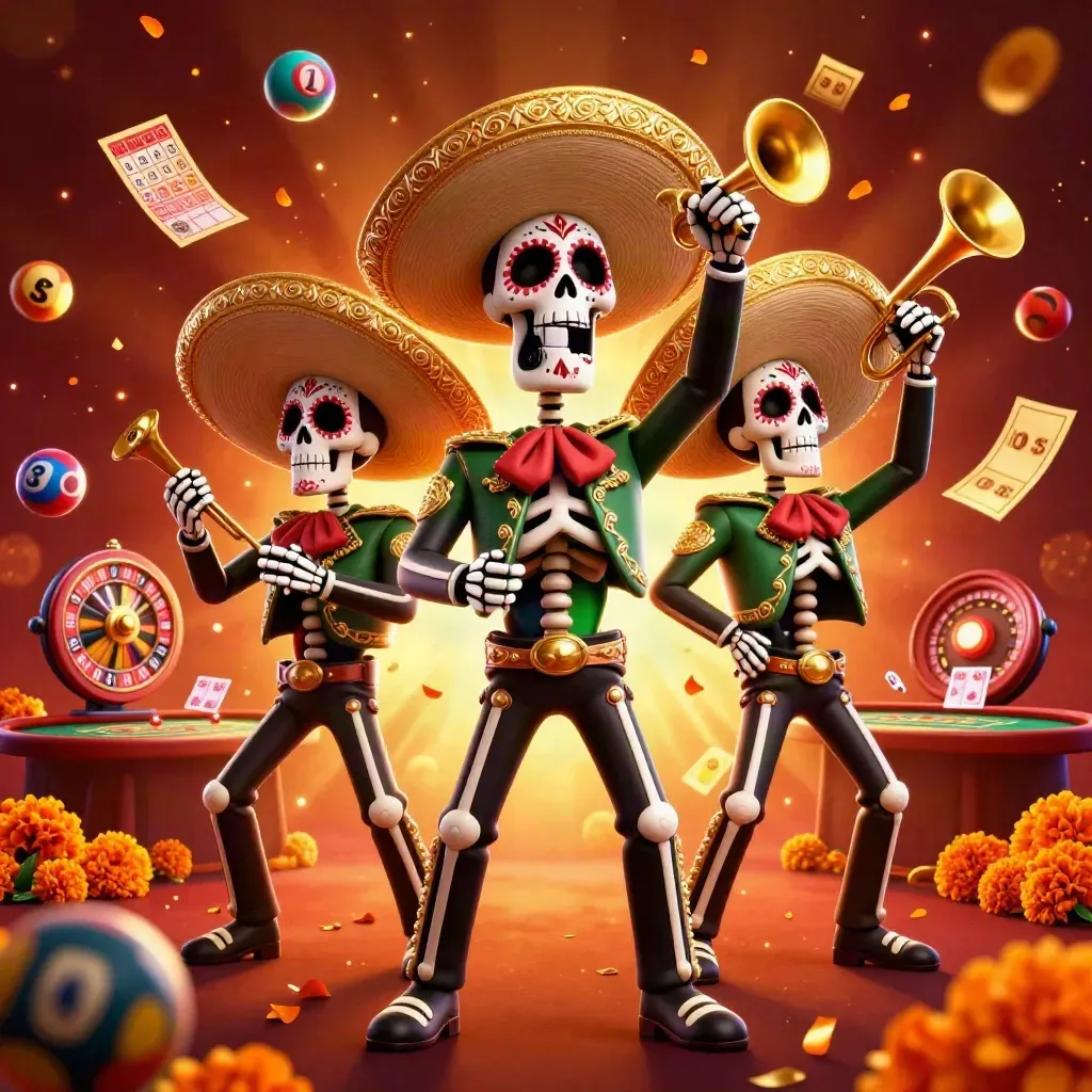Day-of-the-Dead mariachi skeleton trio amid casino lights, roulette, and gold confetti