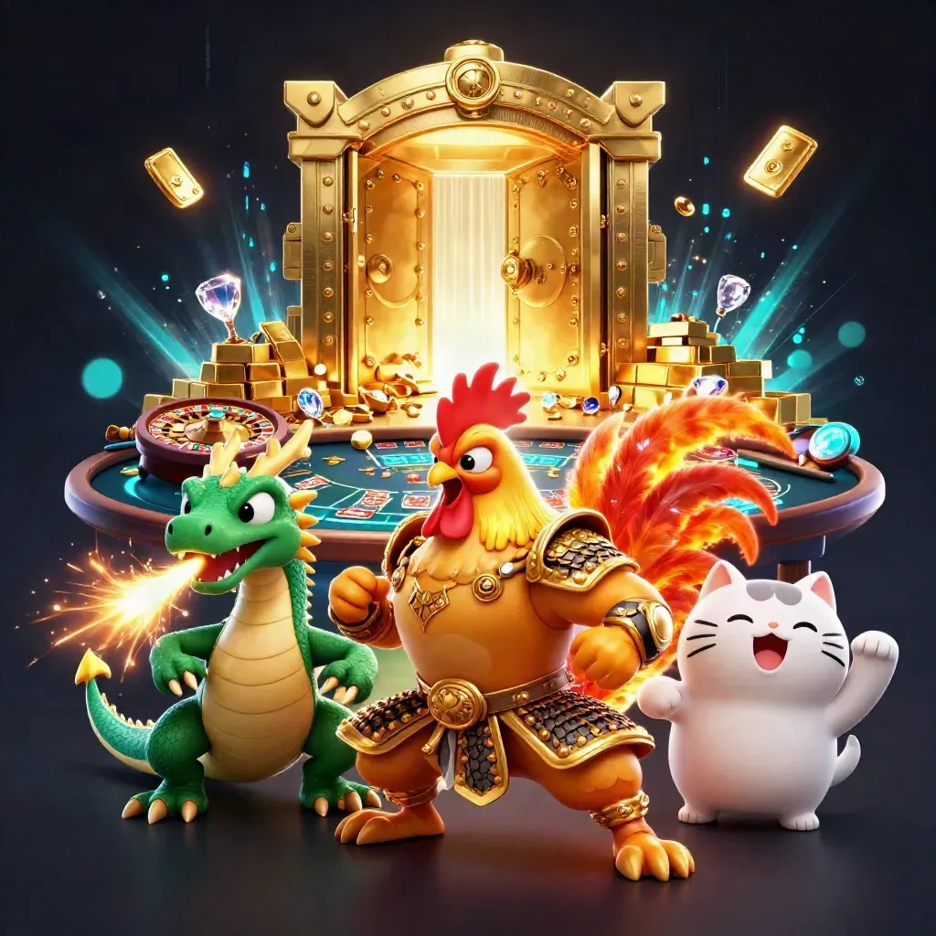 Rooster warrior, dragon hatchling and fortune-cat amid a vault of gold and casino magic.