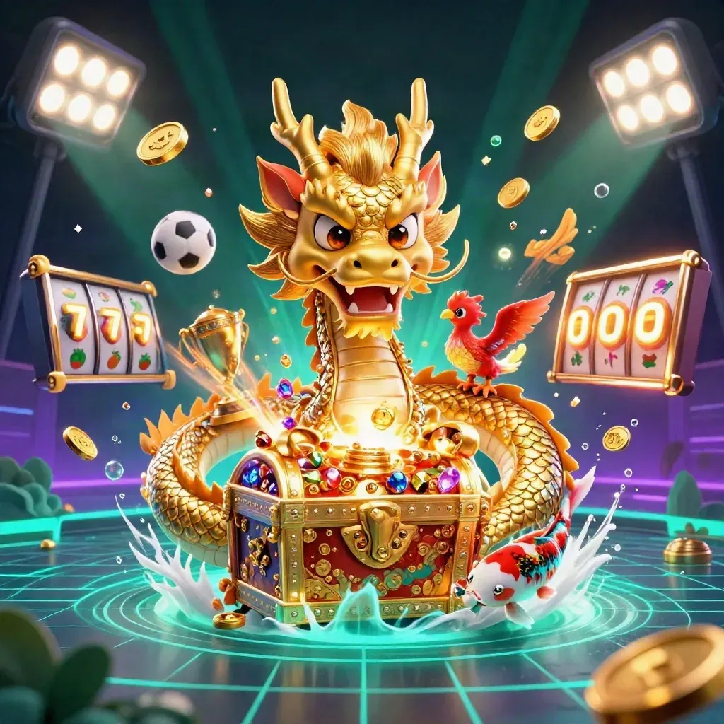Golden dragon with phoenix and koi amid casino sports and treasure bursts